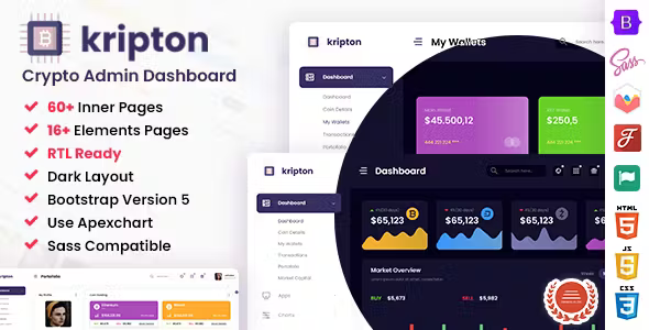 Kripton – Crypto HTML, React, Angular  Laravel Admin Dashboard Template + RTL Ready