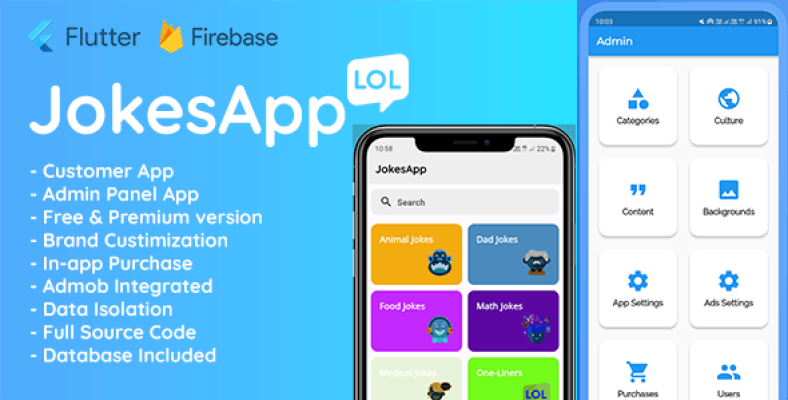 Jokes App – Mobile Flutter Application, Customer App and Admin Panel App