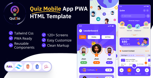 Quizio – Quiz Mobile App PWA HTML Template