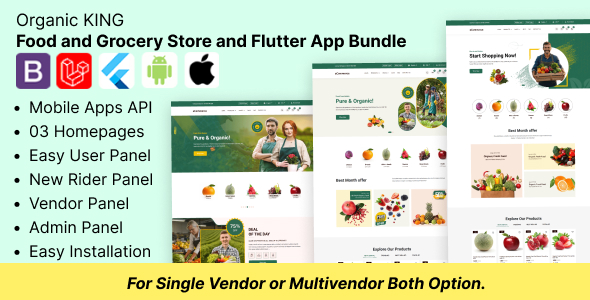 Organic King – Food and Grocery Store and Flutter App Bundle