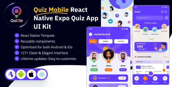 Quizio – React Native Expo Quiz App UI Kit