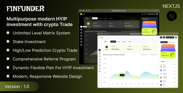 FinFunder – NextJS User Dashboard for Matrix & HYIP Investments with Crypto Trading 2.0