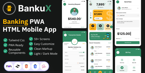 Bankux – Wallet & Banking PWA HTML Mobile App Template