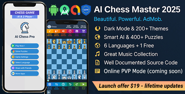 AI Chess 2025 – Online PvP+Chat｜Offline PvP+AI｜2K+ Puzzles｜Custom Game｜Music｜Themes｜16 Langs｜AdMob