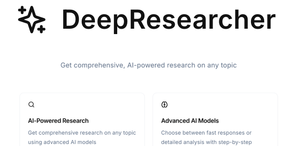 DeepResearcher – Perplexity AI inspired Full App Template, Web App, Web App, React, DeepSeek R1 & V3