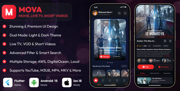 Mova – Movies, Web Series & Live TV App | Android, iOS, Web Version | Flutter + Admin Panel