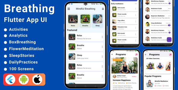 Breathing & Meditation Flutter App UI Kit | Mindfulness | Relaxation & Stress Relief