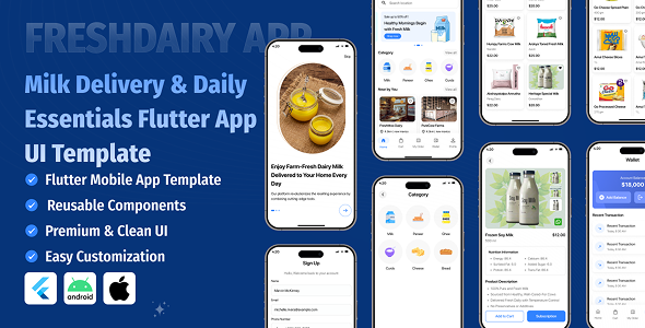 FreshDairy – Milk Delivery & Daily Essentials Flutter App UI Template