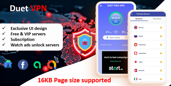 Duet Pro VPN App | Secure VPN App & Fast VPN | Subscription | StartApp Ads | Facebook & Admob Ads 13.0