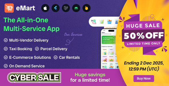 eMart | Multivendor Food, On-demand, eCommerce, Parcel, Taxi Booking, Car Rent App with Admin & Web 6.4