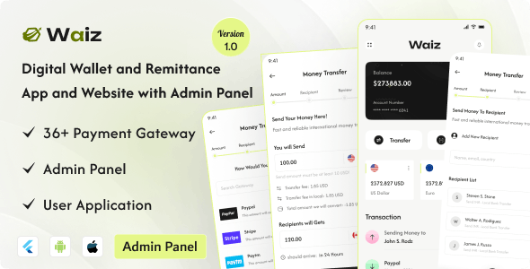 Waiz – Digital Wallet and Remittance App and Website with Admin Panel 2.0