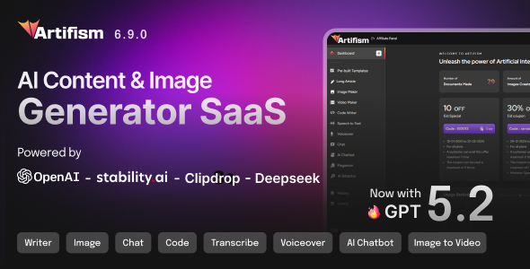 Artifism – AI Content, Image, Video, Chat, Chatbot, Voiceover & Code Generator SaaS 6.9.0