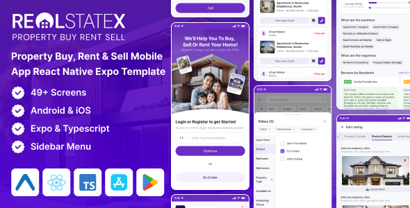 RealEstateX – Expo Property Buy, Rent & Sell Classified React Native Mobile App Template
