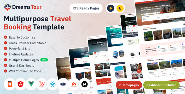 Dreams Tour – Tour and Travel Booking Frontend Template with Agent Dashboard