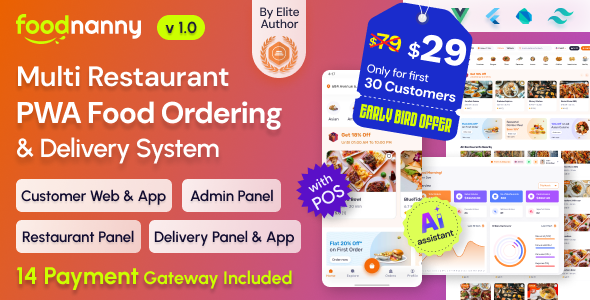 FoodNanny – Multi Restaurant Food Delivery App with PWA Website & Laravel Admin with AI Assistant