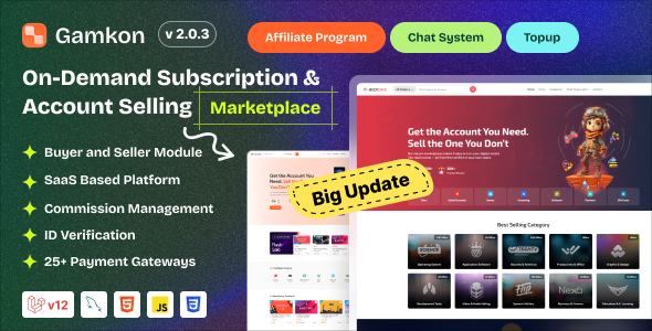 Gamkon – On Demand Subscription Based Digital ID Selling Marketplace with Buyer and Seller Module 2.0.3