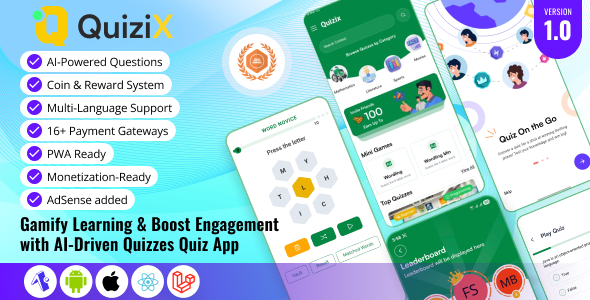 QuiziX – AI Quiz & Trivia Game | React Native Mobile App (Requires QuiziX Platform)
