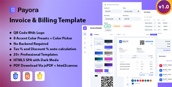 Payora | HTML5 Invoice & Billing Template With PDF Export