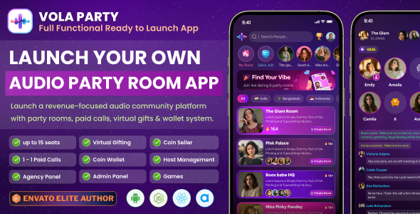 Vola Party – Audio Party Room App with Admin Panel | Paid Calls, Chat, Gifts, Wallet, Host & Agency