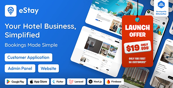 eStay – Hotel Booking & Management System with Flutter App, PWA Web & Laravel Admin