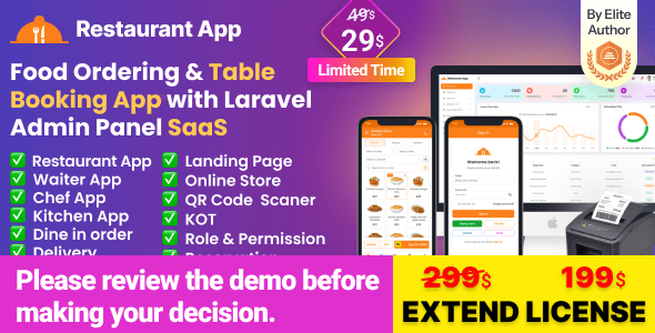 Restaurant App – online Food Ordering Table Booking Restaurant App with Laravel Admin Panel SaaS 3.6