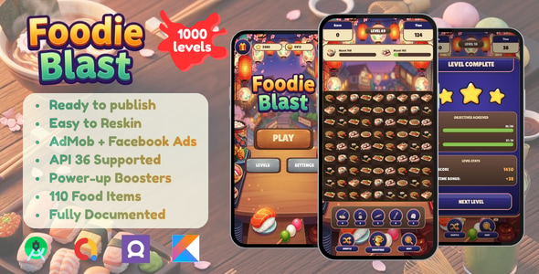 FoodieBlast – Match-3 Food Puzzle Android Game with AdMob & Facebook Ads