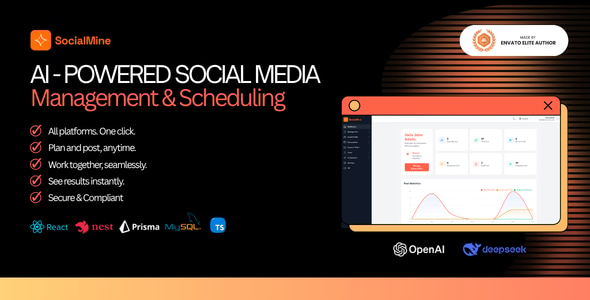 SocialMine – AI-Powered Social Media Management & Scheduling SaaS | React + Nest.js Script