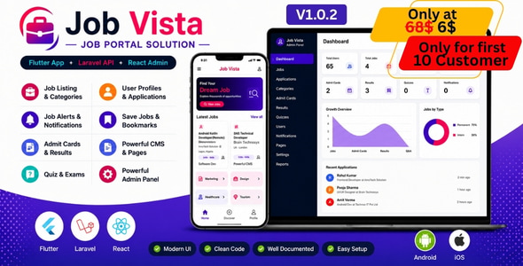 Job Vista | Flutter Job Portal App with Laravel API and React Admin Panel