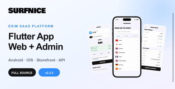 Surfnice | eSIM SaaS Flutter App With Web Storefront and Admin Panel 2.2.3