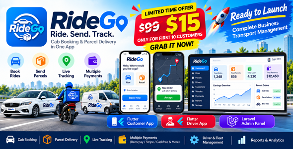 RideGo | Ride Hailing and Parcel Delivery App with Laravel Admin Panel