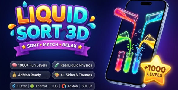Liquid Sort 3D — Color Water Puzzle Game (1010+ Levels) | Full Flutter iOS & Android Source Code