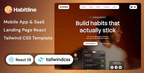 Habitline – Mobile App, SaaS Landing Page React & Tailwind CSS Template
