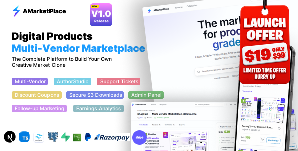 AMarketPlace – Multi-Vendor Digital Marketplace SaaS | Next.js 16, React 19 and PostgreSQL